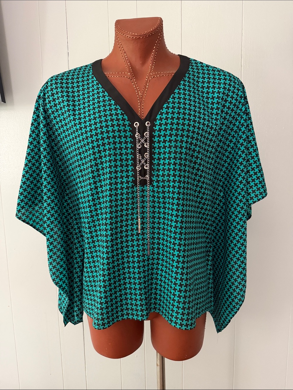 Michael Kors Teal and Black Houndstooth V-Neck Tunic with Lace-Up Detail
